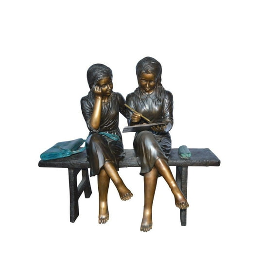 Nifao Two Schoolgirls Sitting On a Bench Bronze Statue – Home Office Decor Sculpture, 45"L x 24"W x 41"H