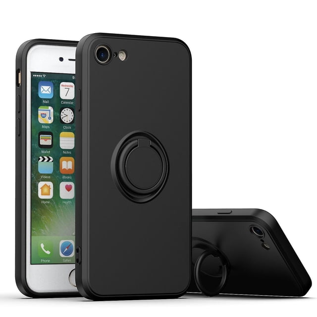 Funda de color sencillo para iPhone 7/8/7 Plus con soporte de anillo, placa metálica para carga magnética, diseño antigolpes y soporte giratorio de 360 grados.
