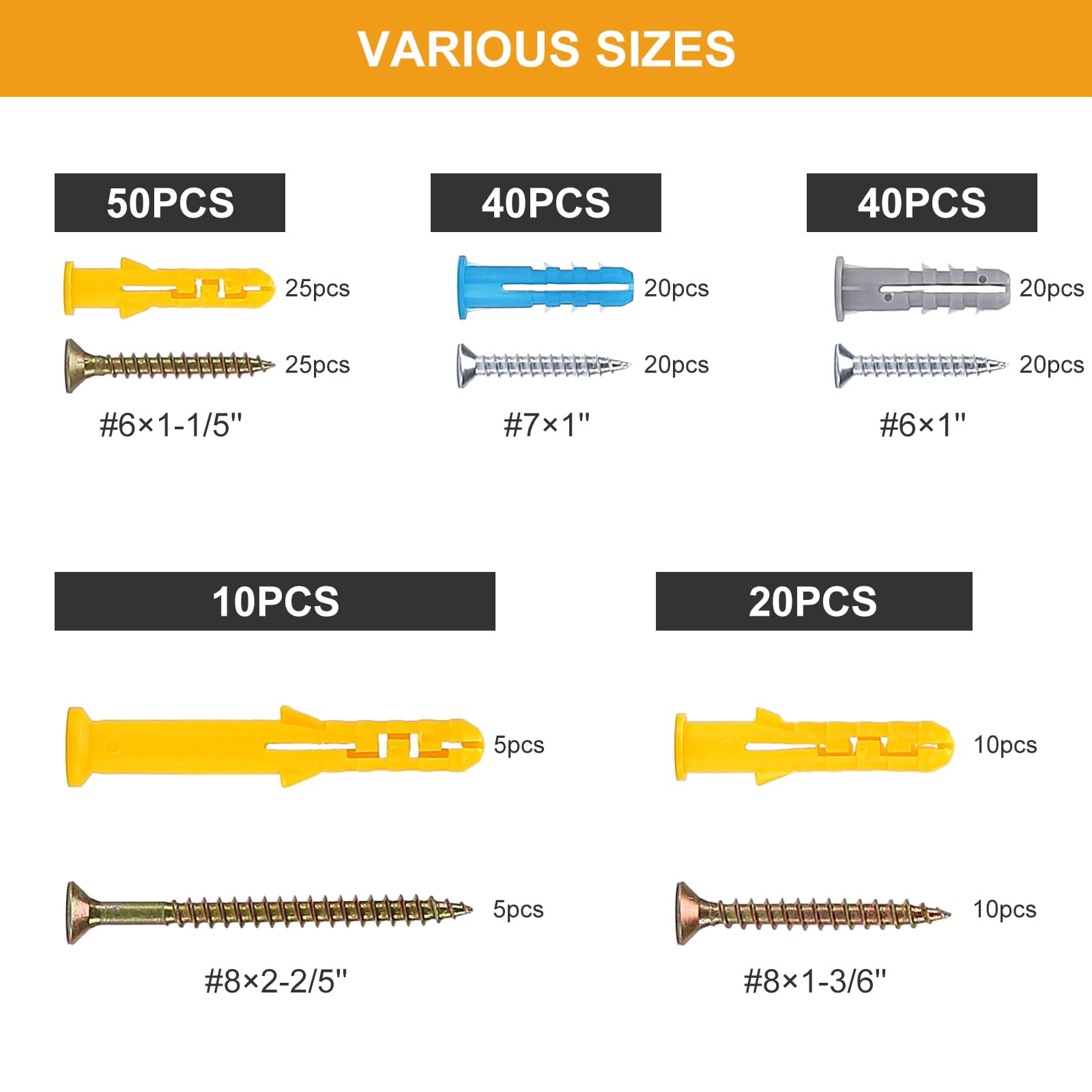 100PCS Self Drilling Drywall Anchors and Screws kit,Heavy Duty #8 x 1-1/4”Wall Anchors for Drywall Holds Upto 80lbs, No Drill Hole Required with Dry Wall Screws and Anchors,Wall Anchors for Drywall