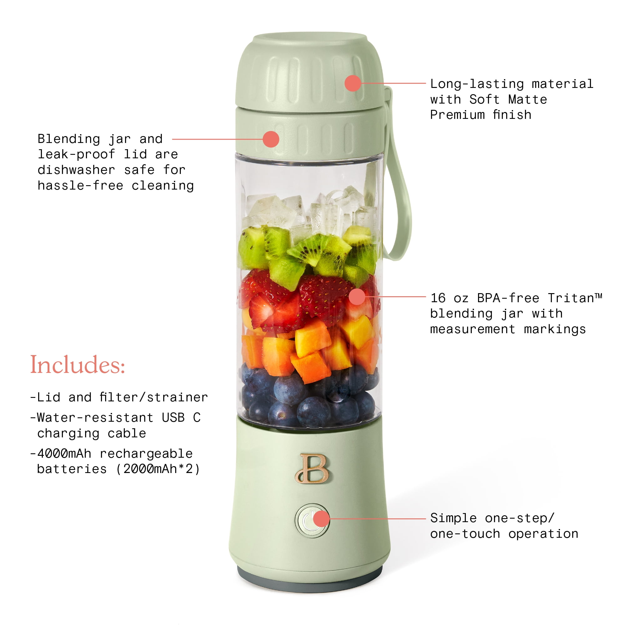 Portable Blender, Smoothie Blender with 16oz Travel Glass Cup and Lid  4000mAh Battery Strong Power Personal Size Blender USB Rechargeable Mini  Juicer