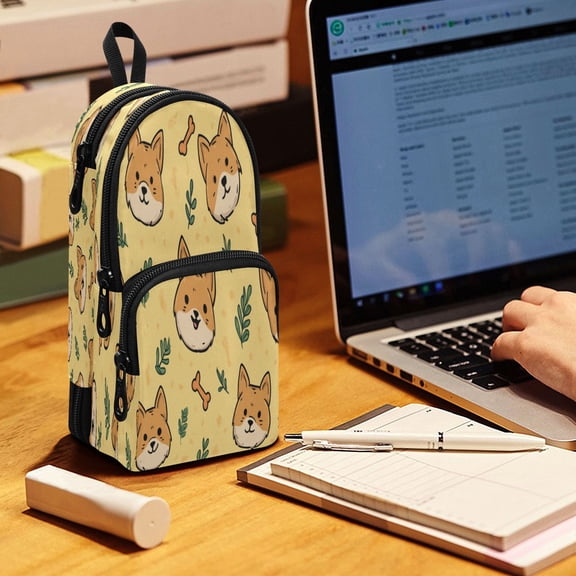 Backpack Pencil Case, 3 Compartment Large Capacity Oxford Fabric Pencil Pouch / Sunny Shiba Buddies
