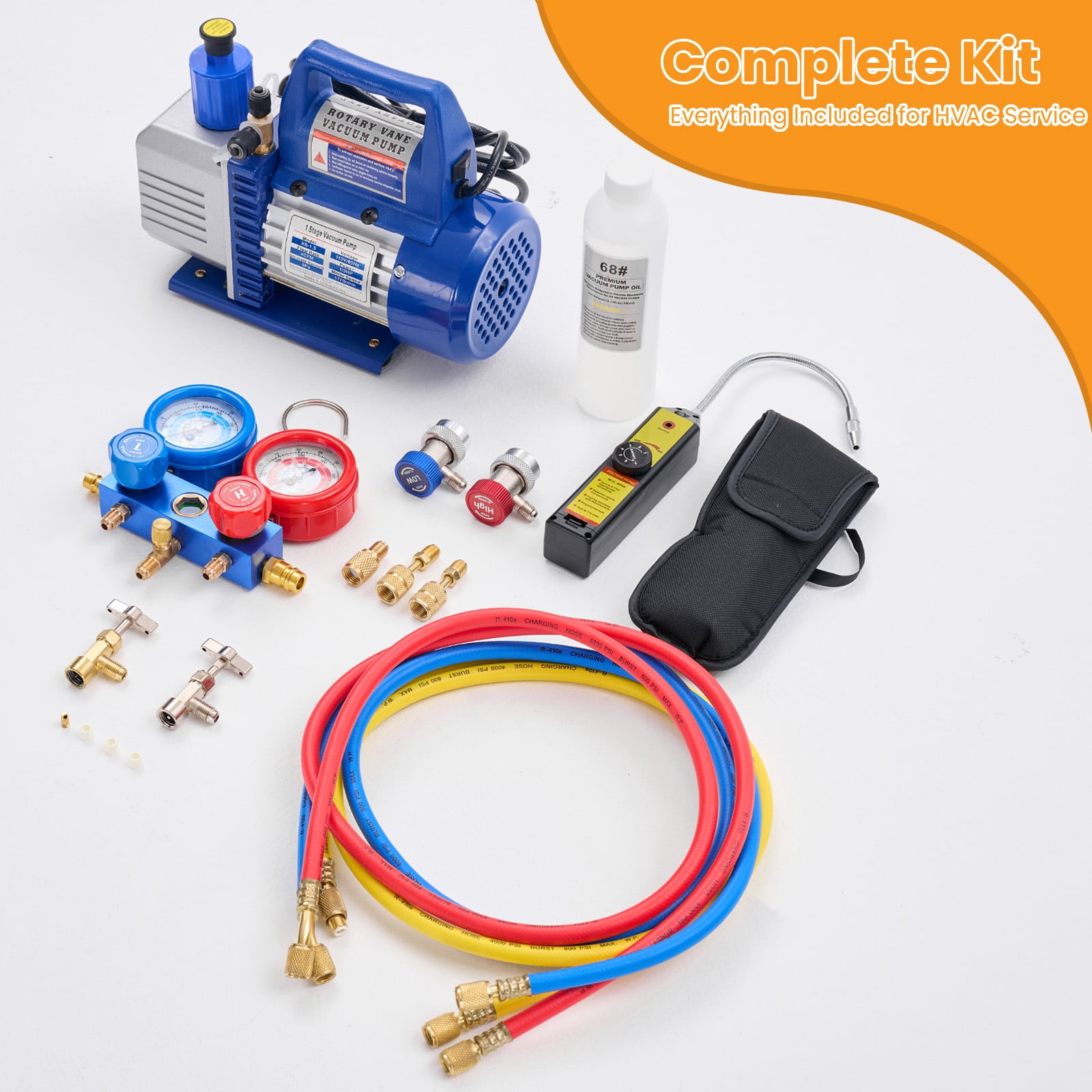 EDX 1/3 HP 4CFM R134A AC Manifold Gauge Set Aluminum Valve with 3 Set High/Low Pressure Quick Couplers for HVAC Vacuum Pump, Blue