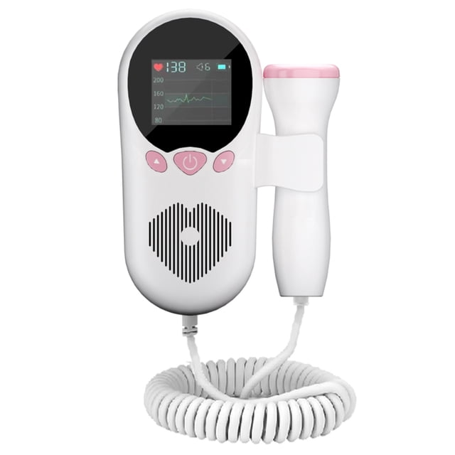 monitor de frecuencia cardíaca fetal doppler portátil pantalla lcd grande monitor de frecuencia cardíaca fetal sin radiación dispositivo blanco con botones rosas y pantalla que muestra 138 bpm y gráfico de latidos; sonda blanca con borde rosa conectada por cable espiral, rejilla de altavoz frontal y puerto USB/auriculares, dimensiones 135x98x30 mm, frecuencia ultrasónica 3.0 MHz, material ABS; también adecuado para escuchar grabaciones de latidos durante viajes.