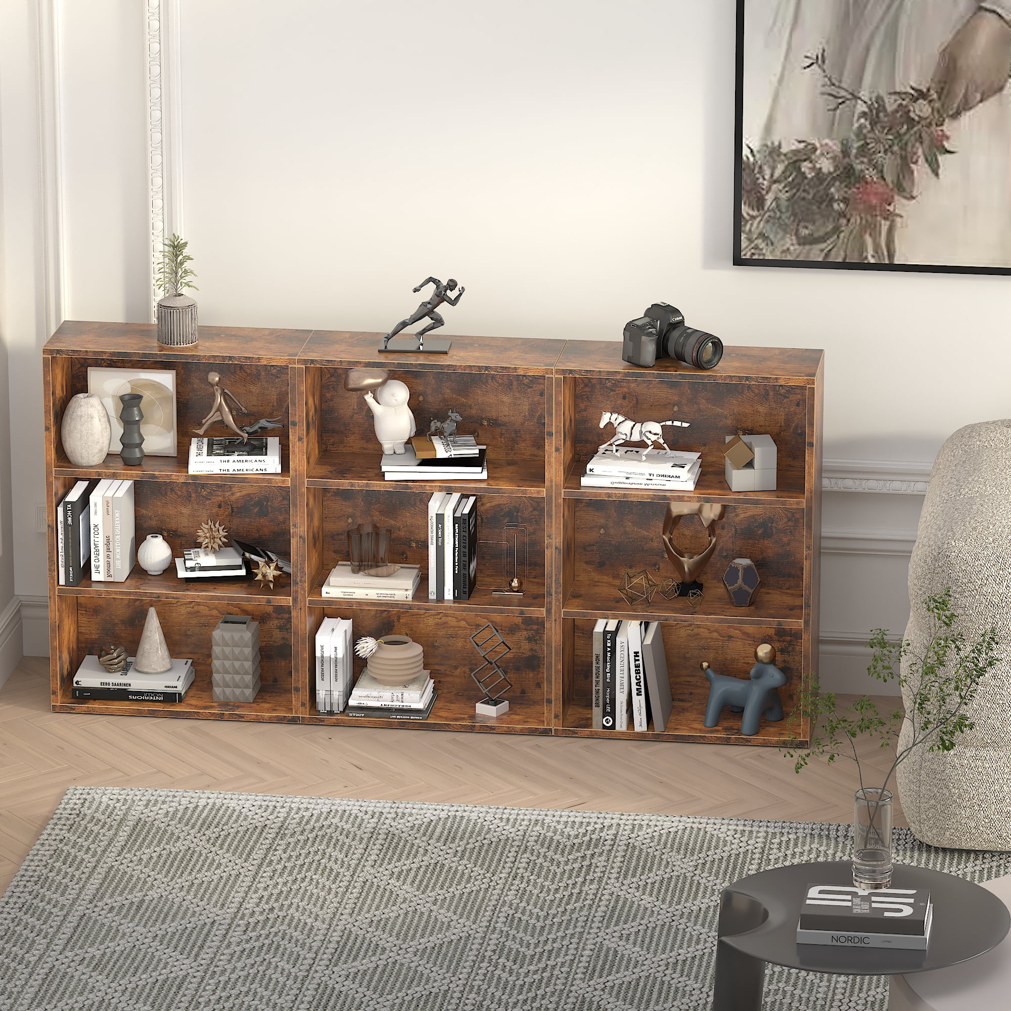 NEWSENDY 3 Shelf Bookshelf,Wood Tall Bookshelf and Bookshelves, 3-Tier Cube Display Shelves,Multifunctional Storage Organizer Shelving for Bedroom Library Living Room Home Office