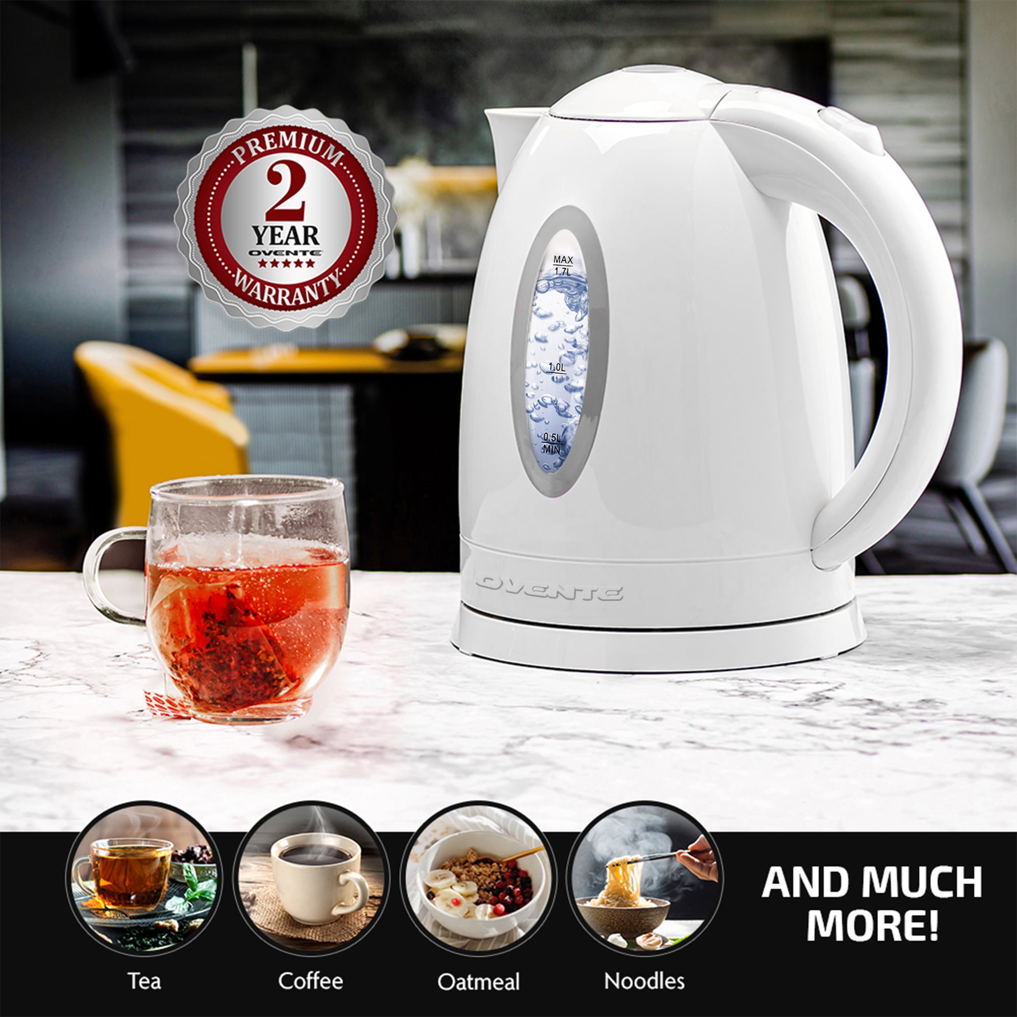 Auto Shutoff Function and Boil Dry Protection KP72W White Ovente Electric Kettle 1.7 Liter Water Boiler & Tea Heater with LED Indicator Light,1100 Watts Fast & Concealed Heating Element BPA-Free 