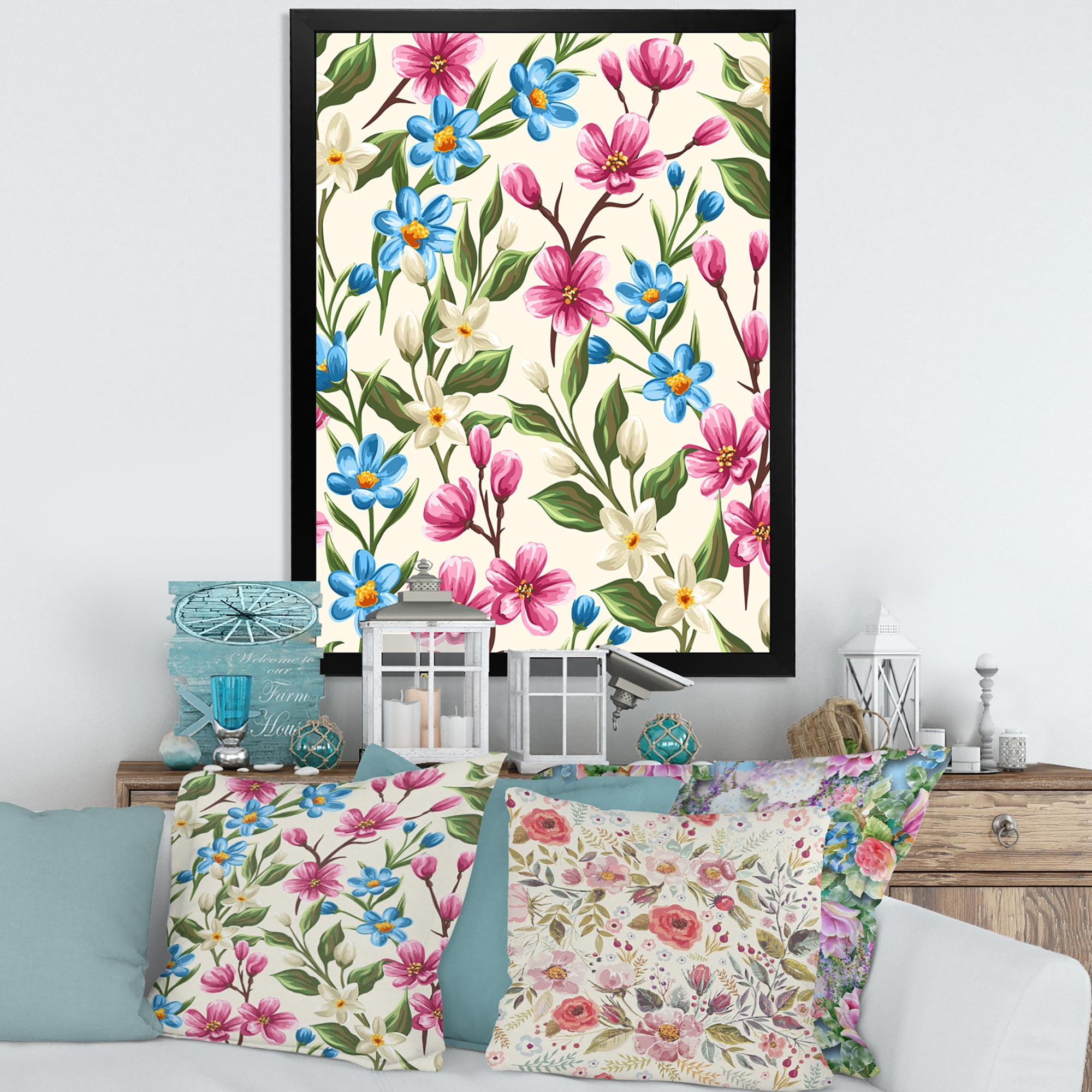 Designart 'Vintage Blue and Pink Wildflowers' Traditional Framed Art Print