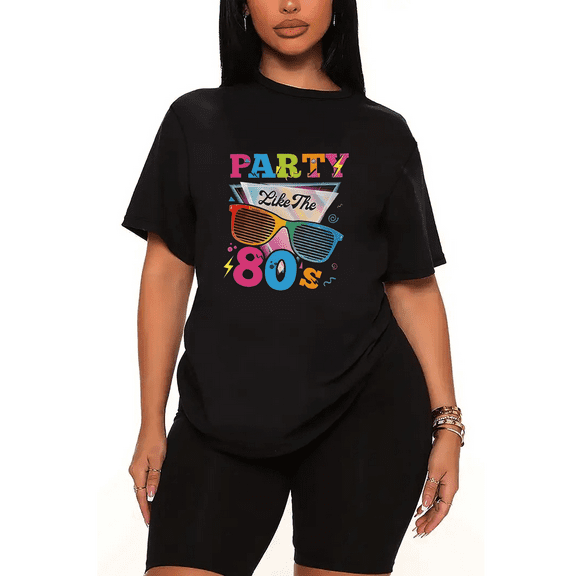 Womens 2 Piece Oversized Lounge Outfit Casual Summer Sets 80's Theme Party Graphic Vintage Disco Printed Crew Neck T-Shirt and Shorts Matching Clothing Sets-Black-5XL