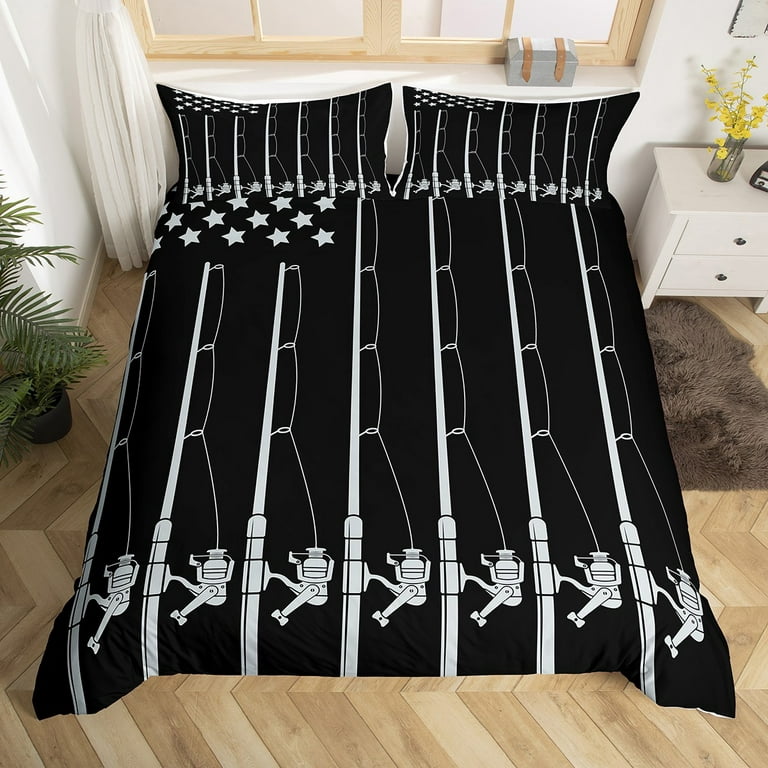 American Flag Fishing Bedding Set Vintage Fishing Pole Comforter Cover for  Boys Man,Ocean Fish Duvet Cover Fishing Gear Angling Twin Bed Set,Black and  White Stars and Stripes Fishing Line Room Decor 