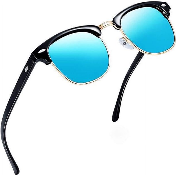 Gafas de sol polarizadas de media montura para hombre (marco negro brillante con hojas de color azul hielo) - Gafas de sol retro de media montura con protección UV400 para hombres y mujeres Gafas de