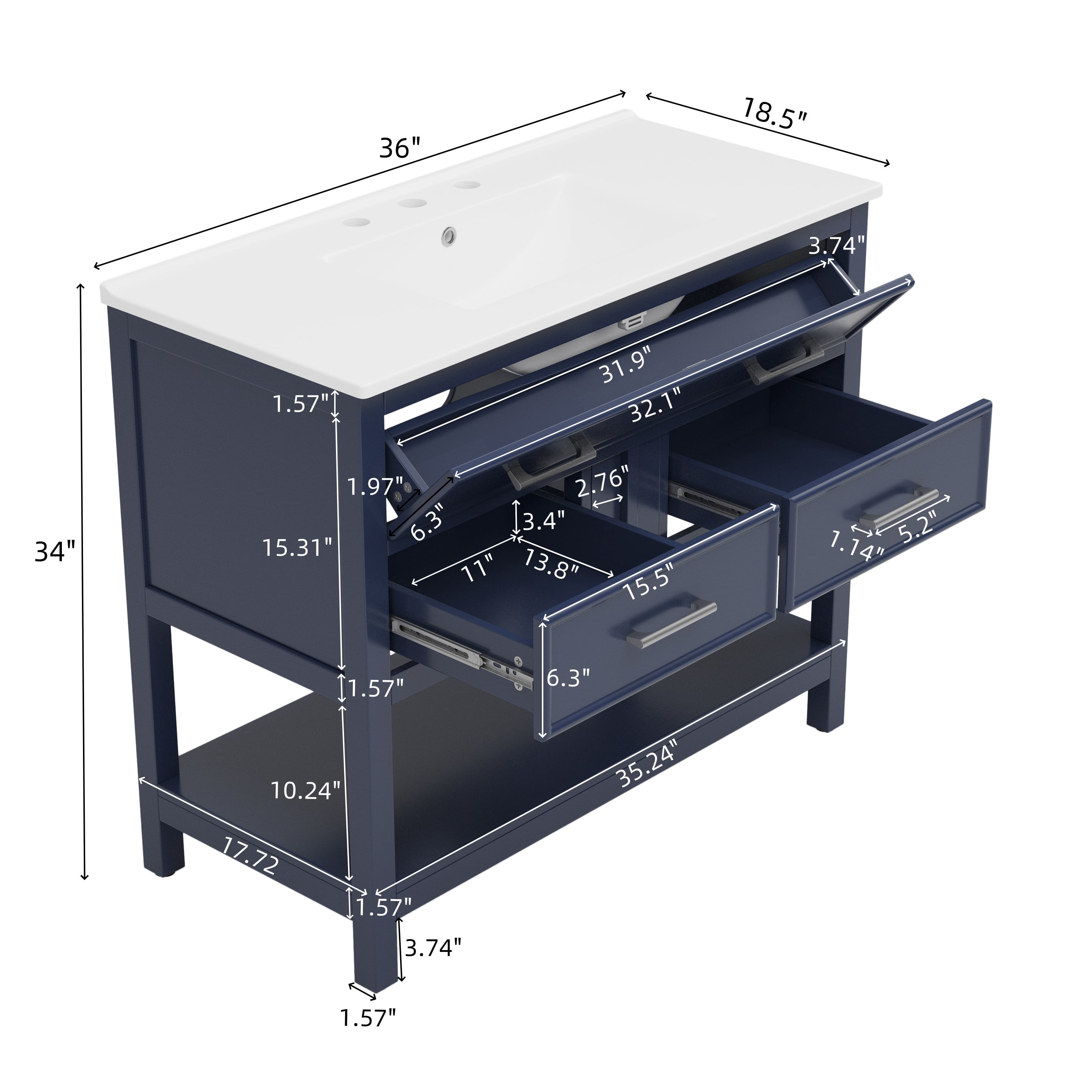 Euroco 36" Bathroom Vanity with Ceramic Sink, Bathroom Vanity with Tip-Out Tray and 2 Full-Extension Drawers, Silver Pulls and Soft Close Drawer Slides Design, 1 Open Shelf at the Bottom, Blue