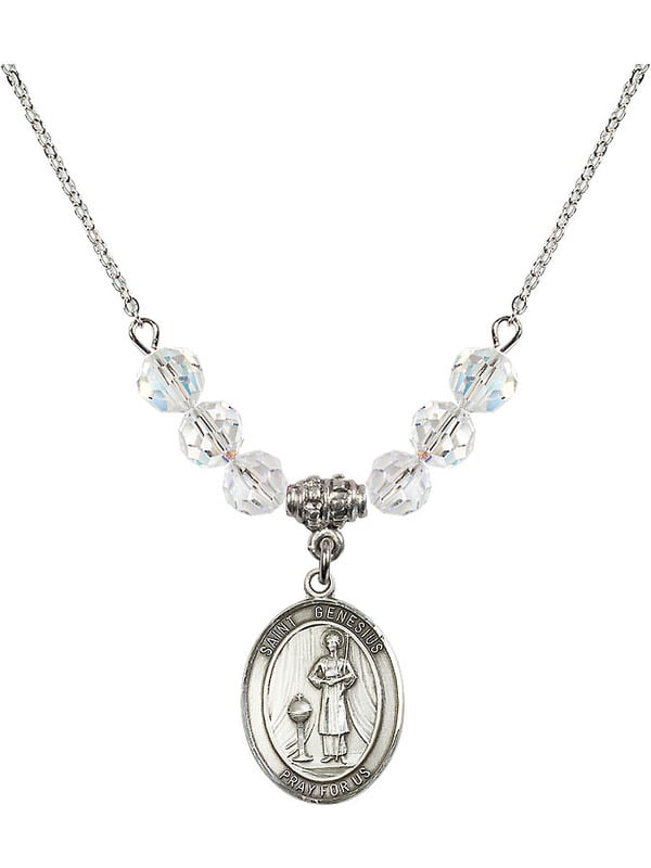 Bonyak Jewelry 18 Inch Rhodium Plated Necklace w/ 6mm Red July Birth Month Stone Beads and Saint Genesius of Rome Charm
