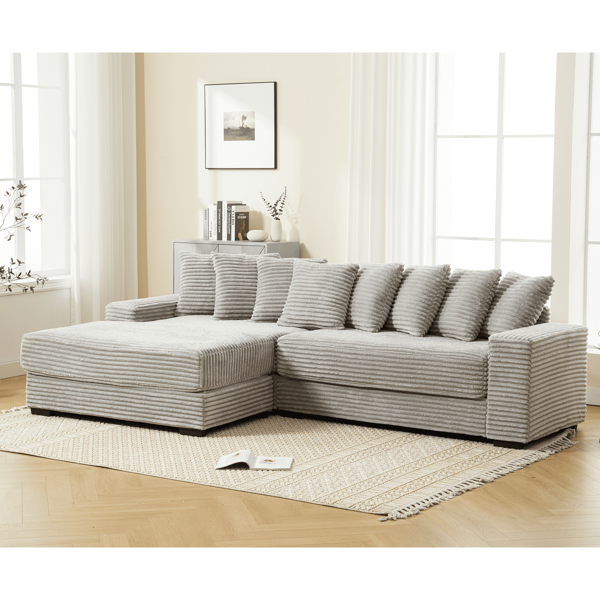AISWORD 111" Oversized 3-Seat L-Shaped Sectional Sofa with Left Chaise, Luxury Corduroy Fabric Modular Couch with 8 Throw Pillows, Easy Assembly for Living Room