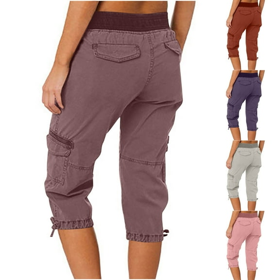 FAKKDUK Women's Cargo Capris Pants with Pockets Lightweight Quick Dry Travel Hiking Summer Pants for Women Casual Womens Stretch Pants Women's Yoga Pants Joggers Pants for Women, S&Brown