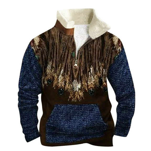 CAIVO Men Sweatshirts Winter Vintage Geometric Patchwork Print Collar Long Sleeved Hoodies Christmas Holiday Tops