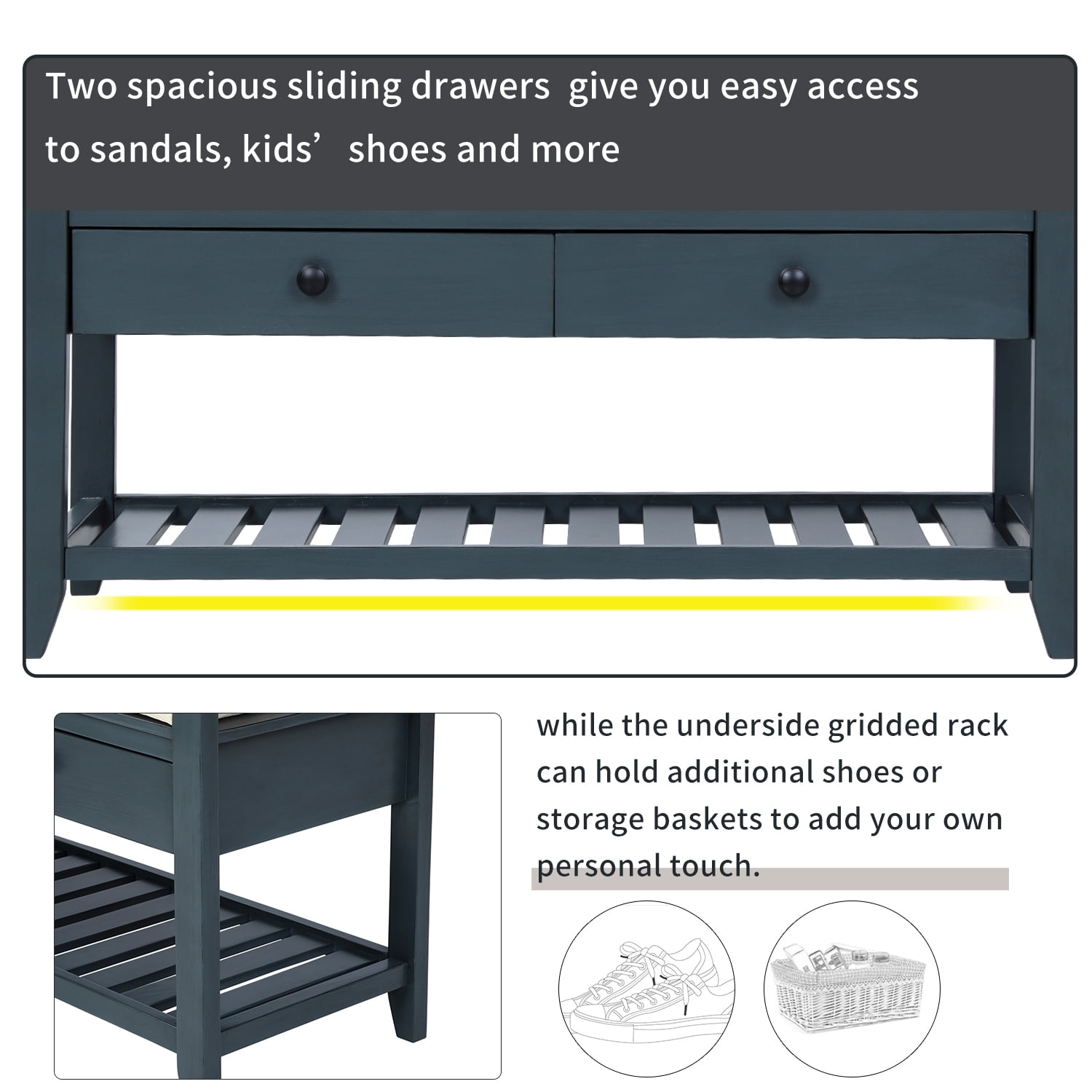 Harper & Bright Designs Shoe Rack with Cushioned Seat and Drawers, Multipurpose Entryway Storage Bench, Antique Navy