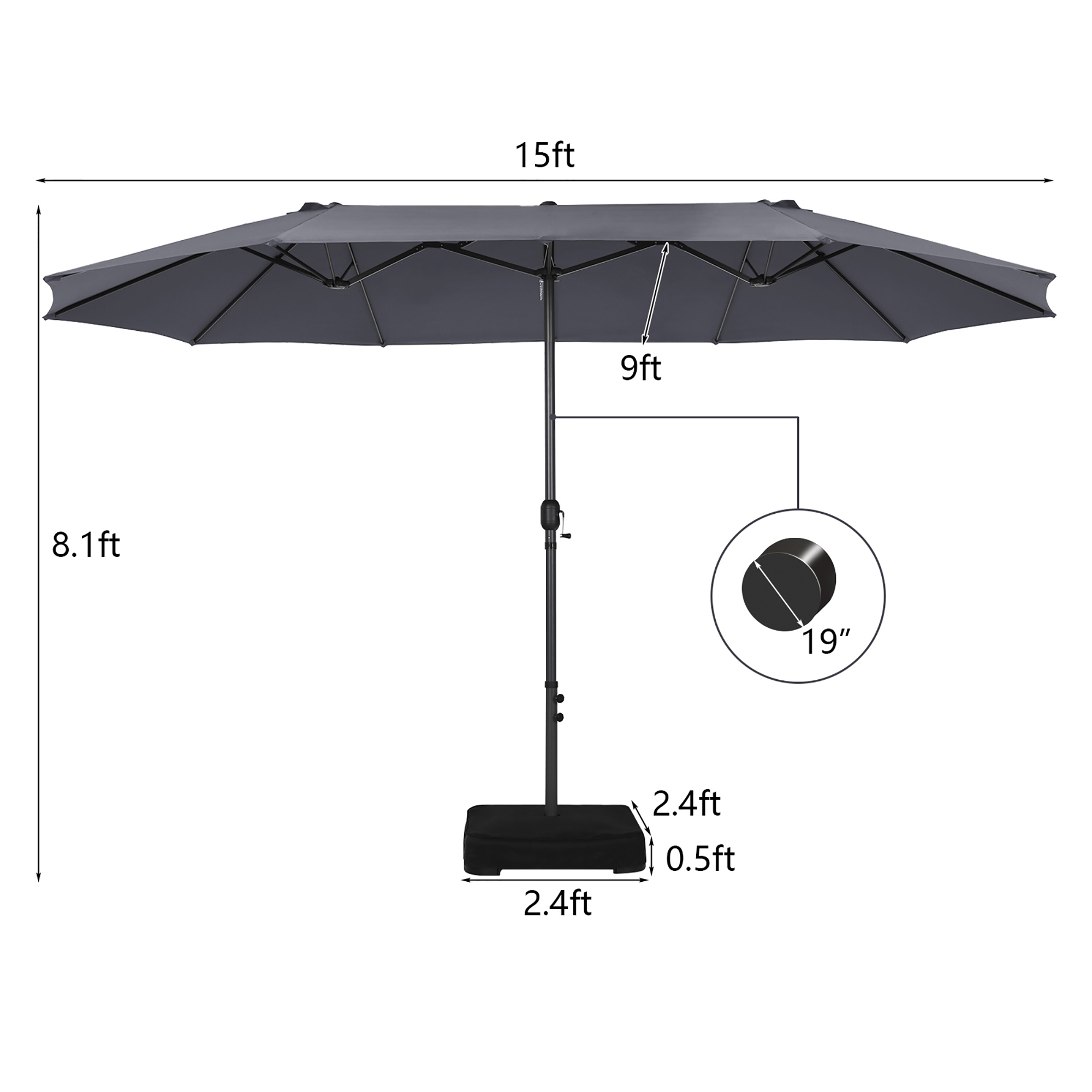 Costway 15FT Double-Sided Twin Patio Umbrella Sun Shade Outdoor Crank Market Base Grey