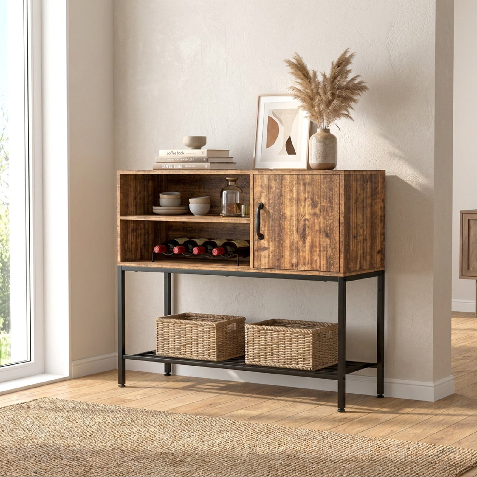 Furnibear Buffet Sideboard Coffee Bar Cabinet with Power Outlets and USB Ports for Kitchen Dining Living Room Buffet Storage Server, Rustic Brown