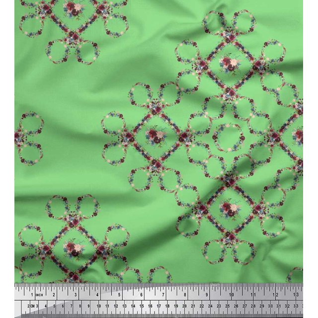 Soimoi Green Moss Georgette Fabric Floral Wreath Geometric Print Sewing Fabric Yard 44 Inch Wide