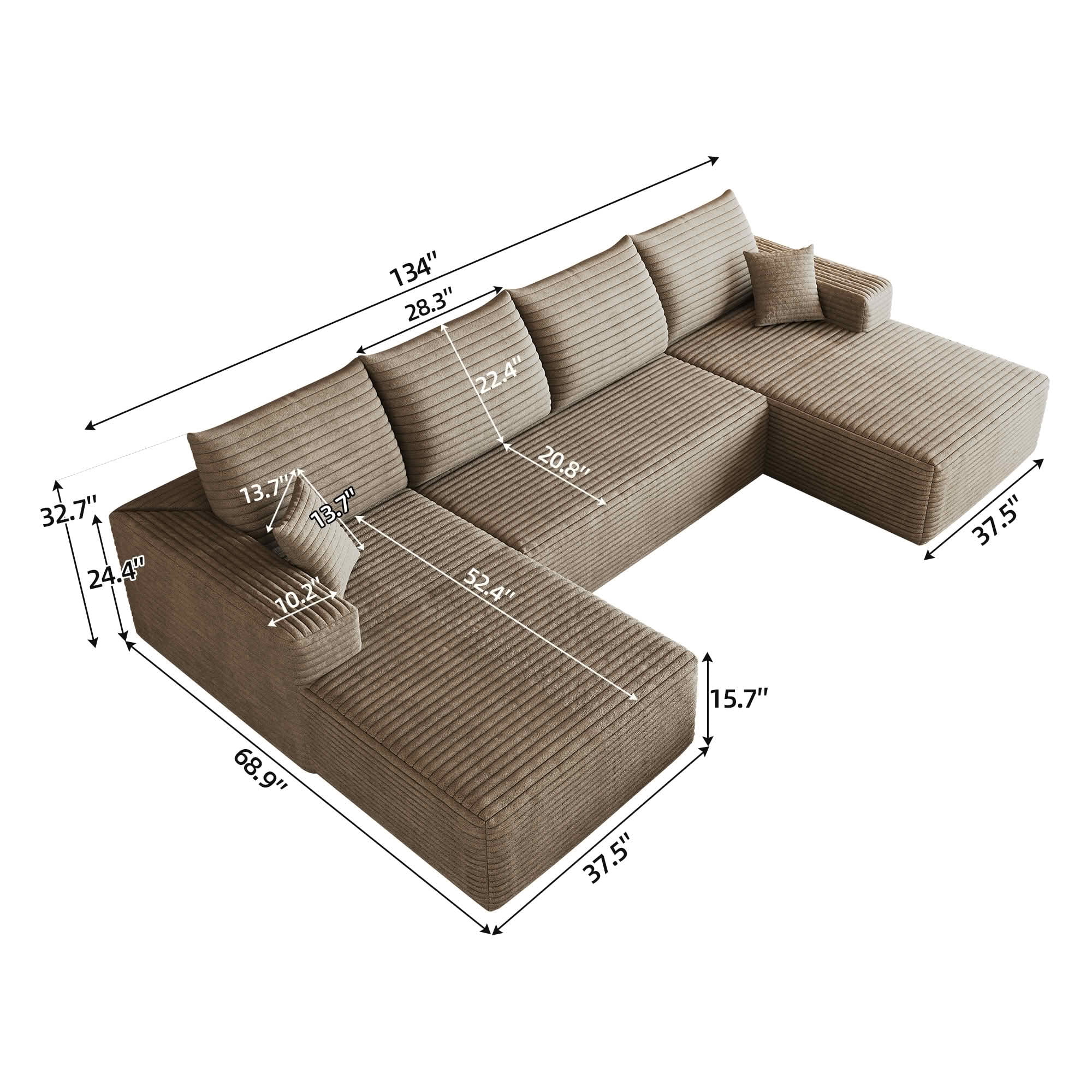 MAYEERTY 134 Inch U‑Shaped Cloud Sectional Sofa, Modern Minimalist Plush Corduroy Deep‑Seat Couch, No Assembly Required for Living Room Apartment Bedroom