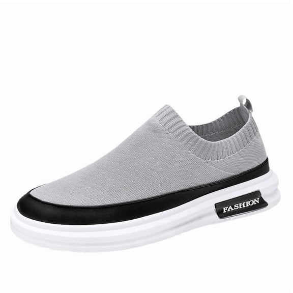 Men's Grey Flyknit Thick Sole Slip-On Sock Sneakers, Breathable Casual Shoes, Non-Slip Platform Loafers for Daily Wear