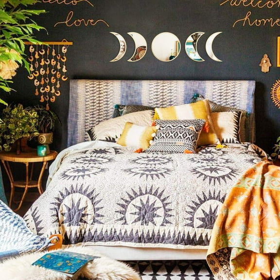 MAXROCK Moon Phase Mirror Set, 5 Piece Scandinavian Natural Decor Wall Decorative Home Decor Bohemian Moon Mirror for Living Room Bedroom, Acrylic Mirror, Not Real Mirror