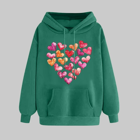 Women's Valentine's Day Sweatshirt Funny Love Heart Print Hoodie Long Sleeved Loose Comfortable Pullover Sweatshirt Tops Army Green XXL