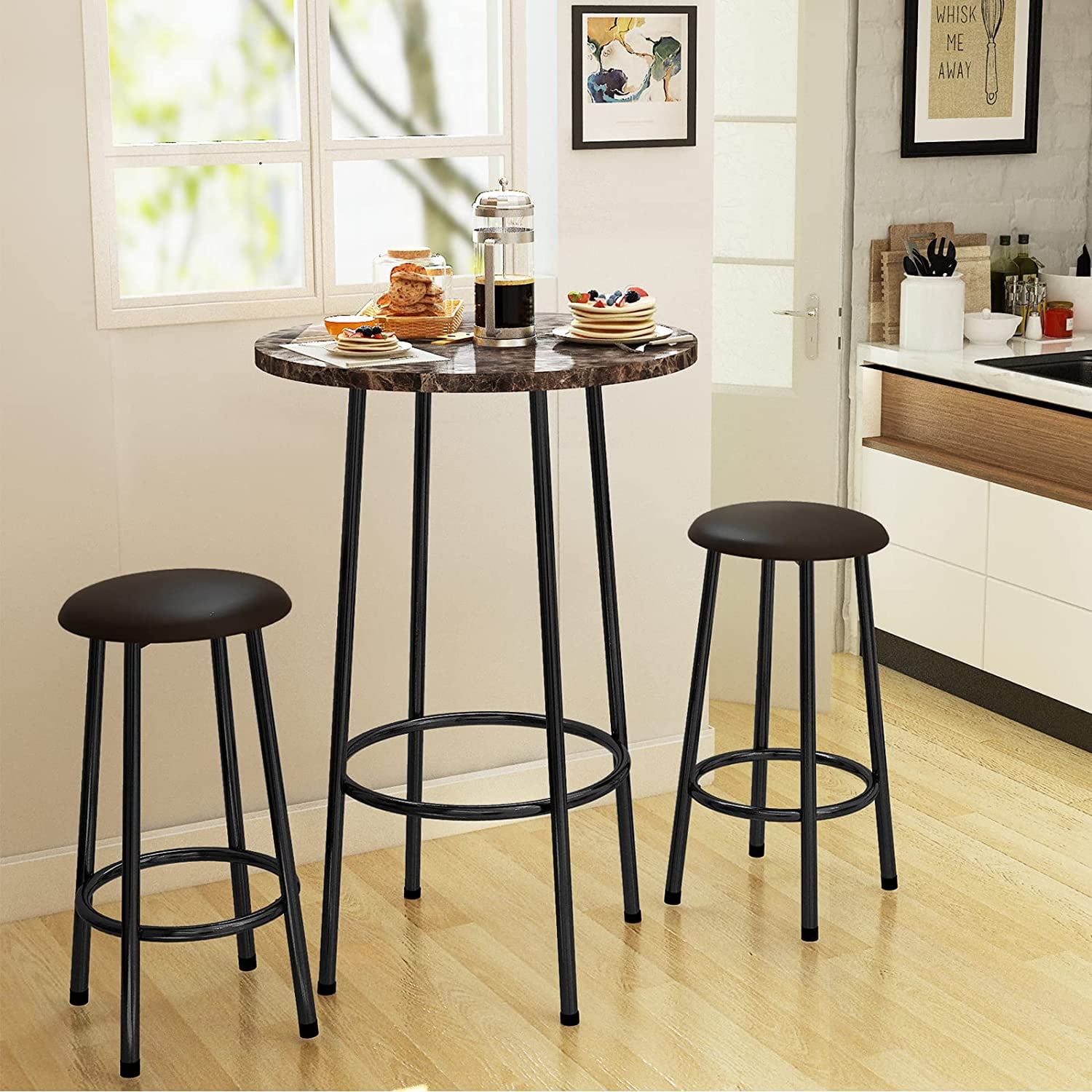 3 Pieces Bar Table Stools Set Adjutable Wood Top Swivel Dining Chair Pub Kitchen 