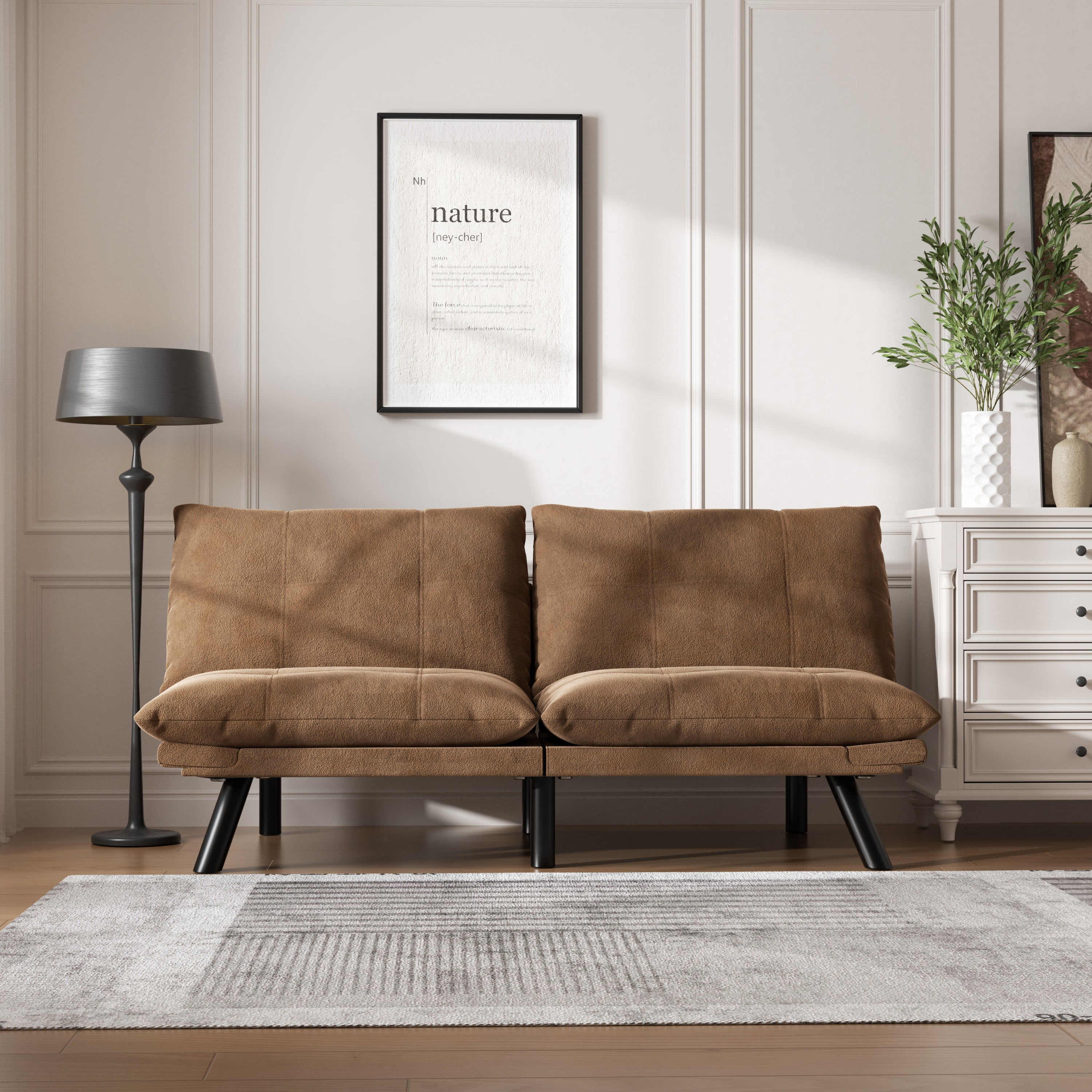 Gewnee Convertible Folding Modern sofa Bed,Upholstered Loveset,Adjustable Armrest and Backrest,Suitable for Living rooms and Apartments.Brown