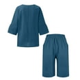 thumbnail image 5 of UAMVSH Womens Plus Size Capri Sets Cotton Linen 2 Piece Outfits Soft 3/4 Sleeve Side Slit Pullover Tops Cropped Shorts with Pockets(XX-Large,Dark Blue 2), 5 of 5