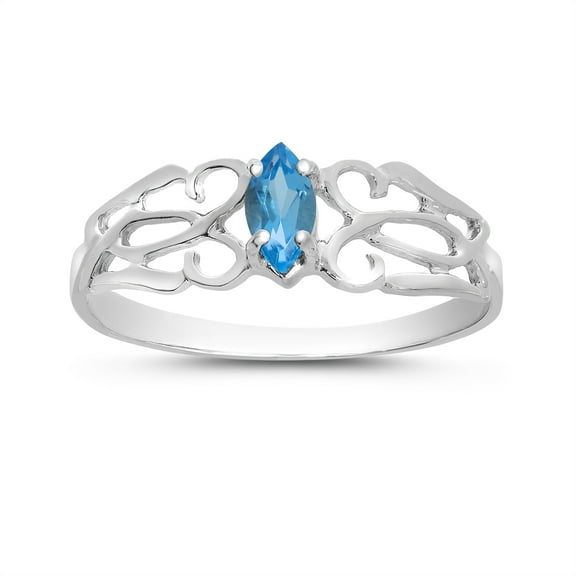 14k White Gold Marquise Blue Topaz filigree Ring