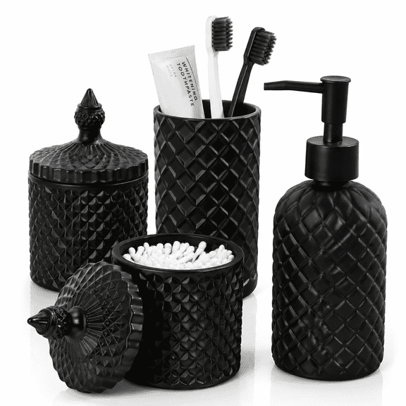 Black 4-Pack Glass Bathroom Accessory Set with Soap Dispenser and Toothbrush Holder