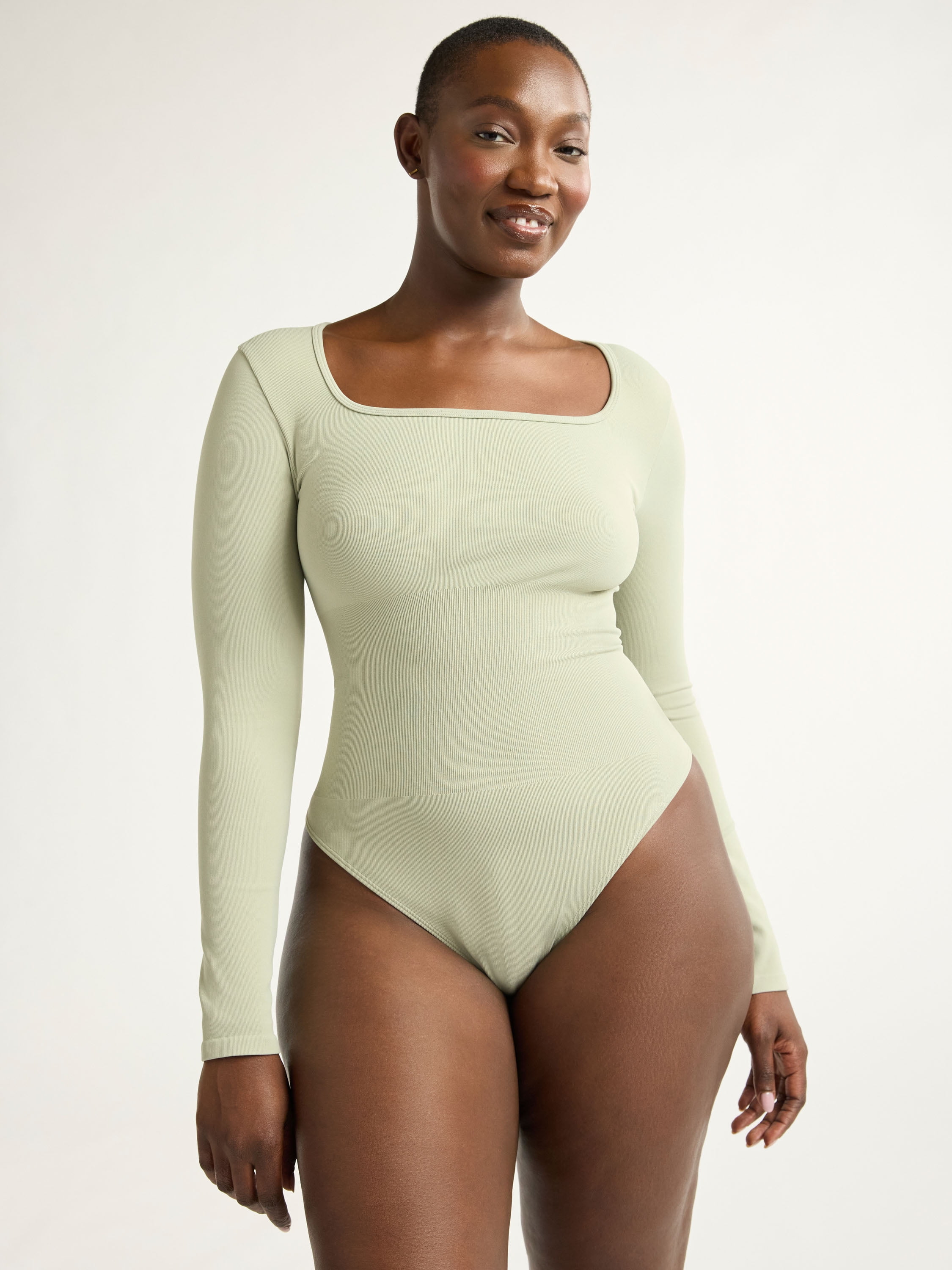 Joyspun Women's Seamless Slimming Square Neck Bodysuit with Long-Sleeves, 2-Pack, Sizes S-XXXL