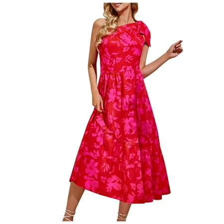 Blphud Casual Everyday Dresses for Women Womens Deep Printed Party Wear Dresses Women s Off Shoulder Strappy Floral Print Long Dress Womens Summer Dresses Hot Pink S