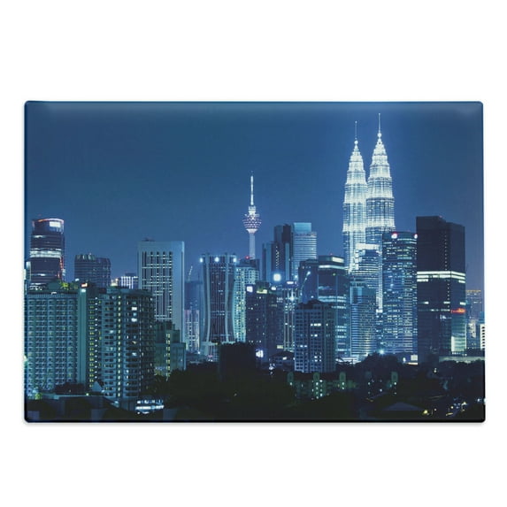 Cityscape Cutting Board, Kuala Lumpur Skyline Night KLCC Twin Towers Malaysian Landmark Monochromic Photo, Decorative Tempered Glass Cutting and Serving Board, Large Size, Navy Black, by Ambesonne