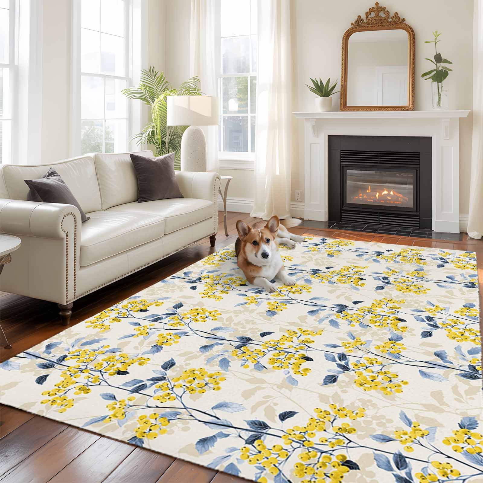 Yellow Flower 5x7 Area Rugs for Living Room Watercolor Blue Leaf Vintage Plant Non Slip Floor Mat Washable Low-Profile Indoor Carpet for Bedroom Dining Room Bathroom