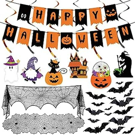

Halloween Decorations Indoor Set - Halloween Festive Decor Happy Halloween Banner Hanging Swirls & Spider Web Table Runner & Mantel Scarf & 3D Bat Sticker for Spooky Haunted House Home Kitchen Decor
