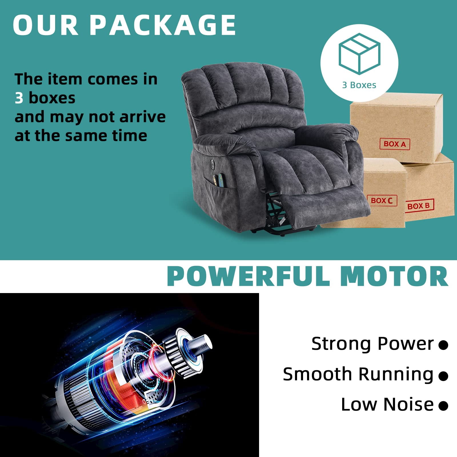 MEETWARM Large Power Lift Electric Recliner Chair with Massage and Heat, Overstuffed Wide Recliner for Elderly Big People, Plush Fabric Recliners with 2 Remote Controls, USB Ports, Side Pockets（Gray）