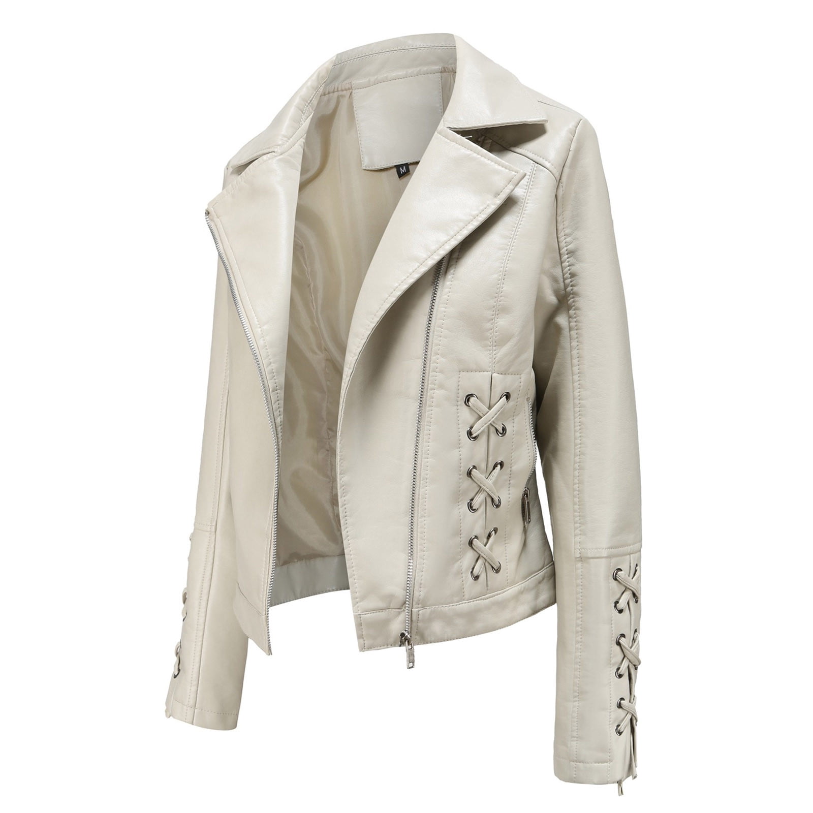 Sokhug Women's Slim Fit Faux Leather Jacket Lapel Zip Motorcycle Suit Coat, Beige