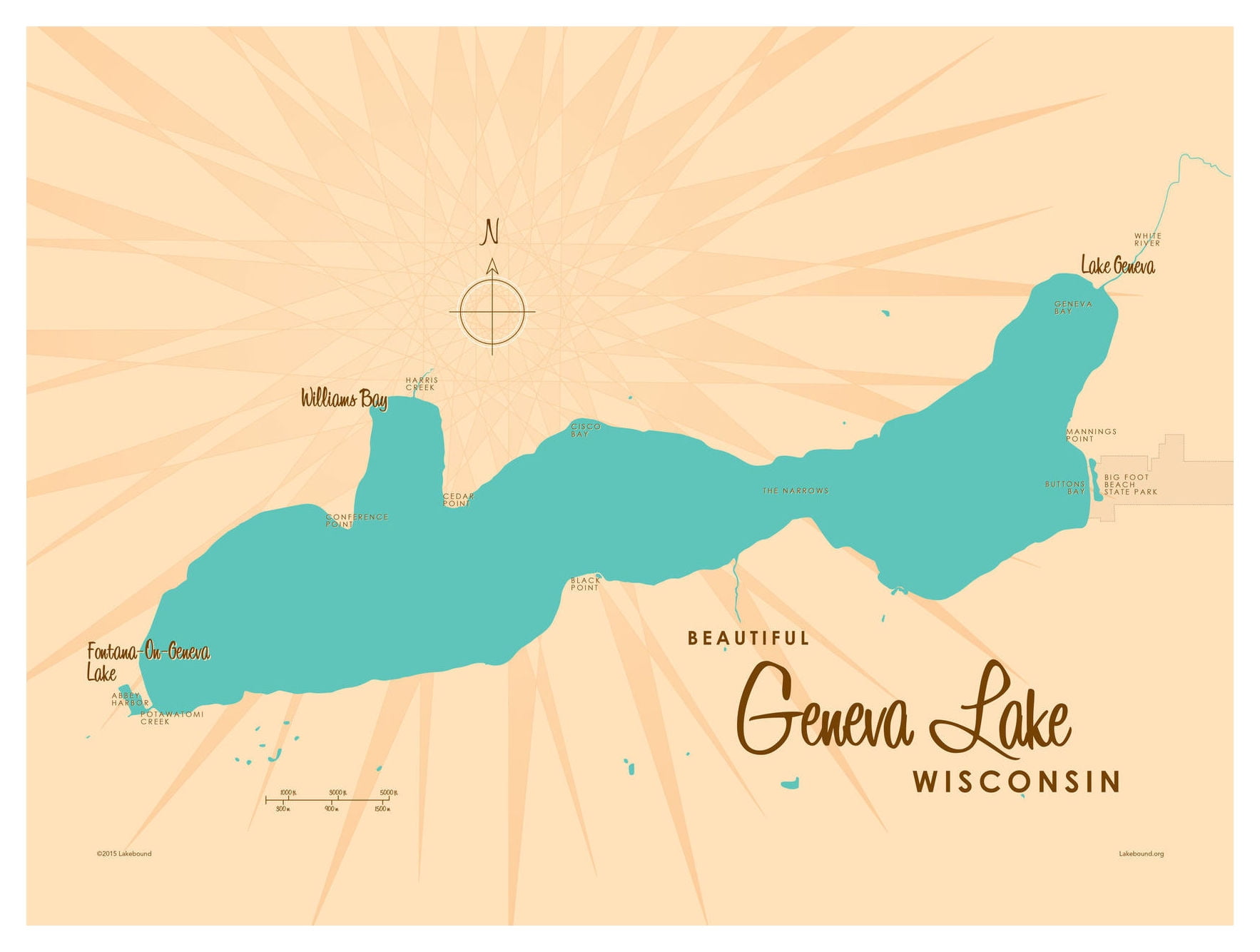 Geneva Lake Wisconsin Map VintageStyle Art Print by Lakebound (9" x 12