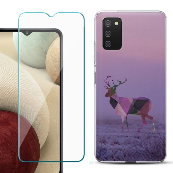 Slim-Fit TPU Fashion Phone Case for Samsung Galaxy A03s, with Tempered Glass Screen Protector, by OneToughShield ® - Deer/Polygon