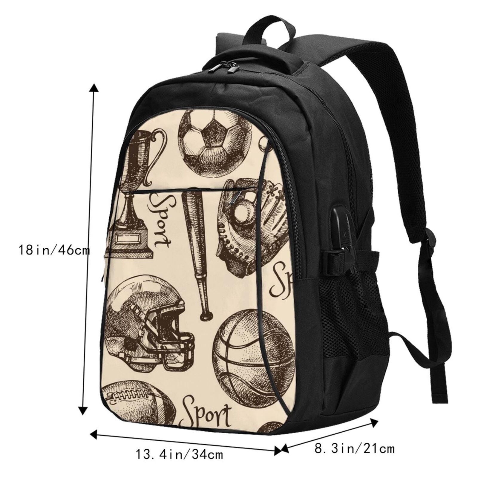 Sport Baseball Football Basketball Laptop Backpack with USB Charging Headphone Port Casual Daypack Bag College Business Travel