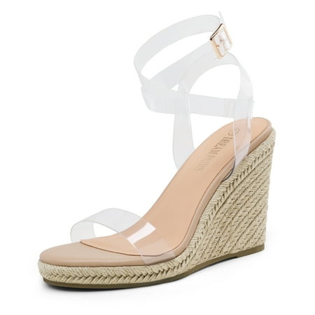 

Dream Pairs Womens Open Toe Espadrilles Dressy Platform Sandals Buckle Ankle Strap Stylish Wedges Sandals SDPW2211W CLEAR/NUDE/PU Size 8