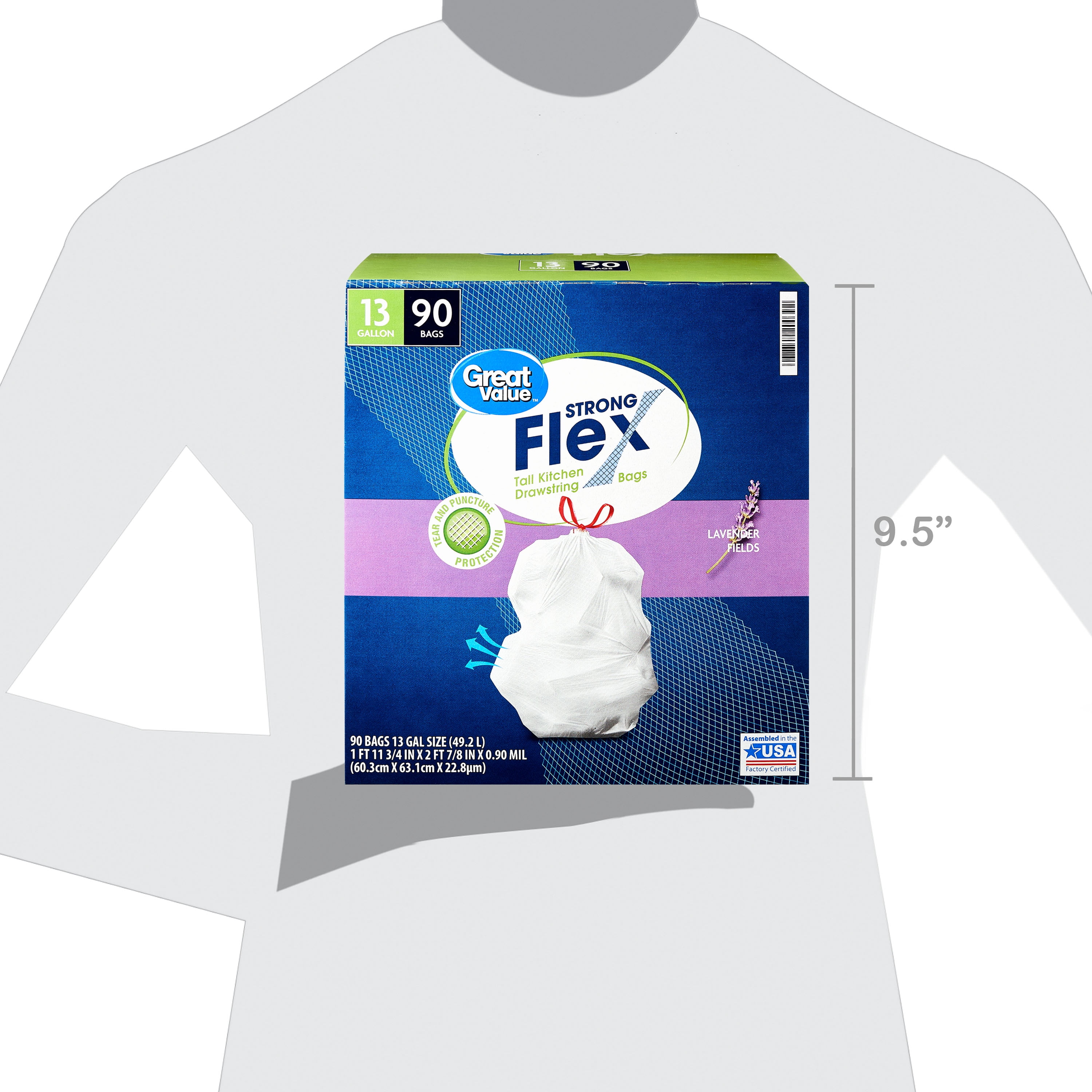 Great Value Strong Flex Tall Kitchen Trash Bags, 13 gal, 90 Bags, Drawstring, Lavender Fields
