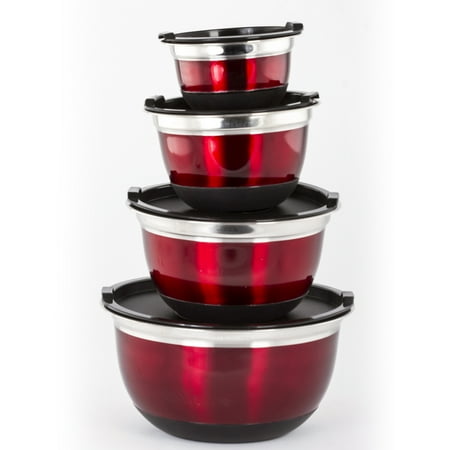 - 4 Pcs Red Stainless Steel German Mixing Bowls Set with Lids & Non-Skid Silicone Base