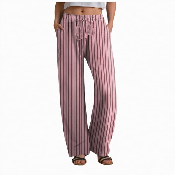 Duqingm Loose Pants for Women Womens Striped Pants Wide Leg High Waisted Lounge Pajama Pants Cute Casual Trousers with Pockets Pink,M