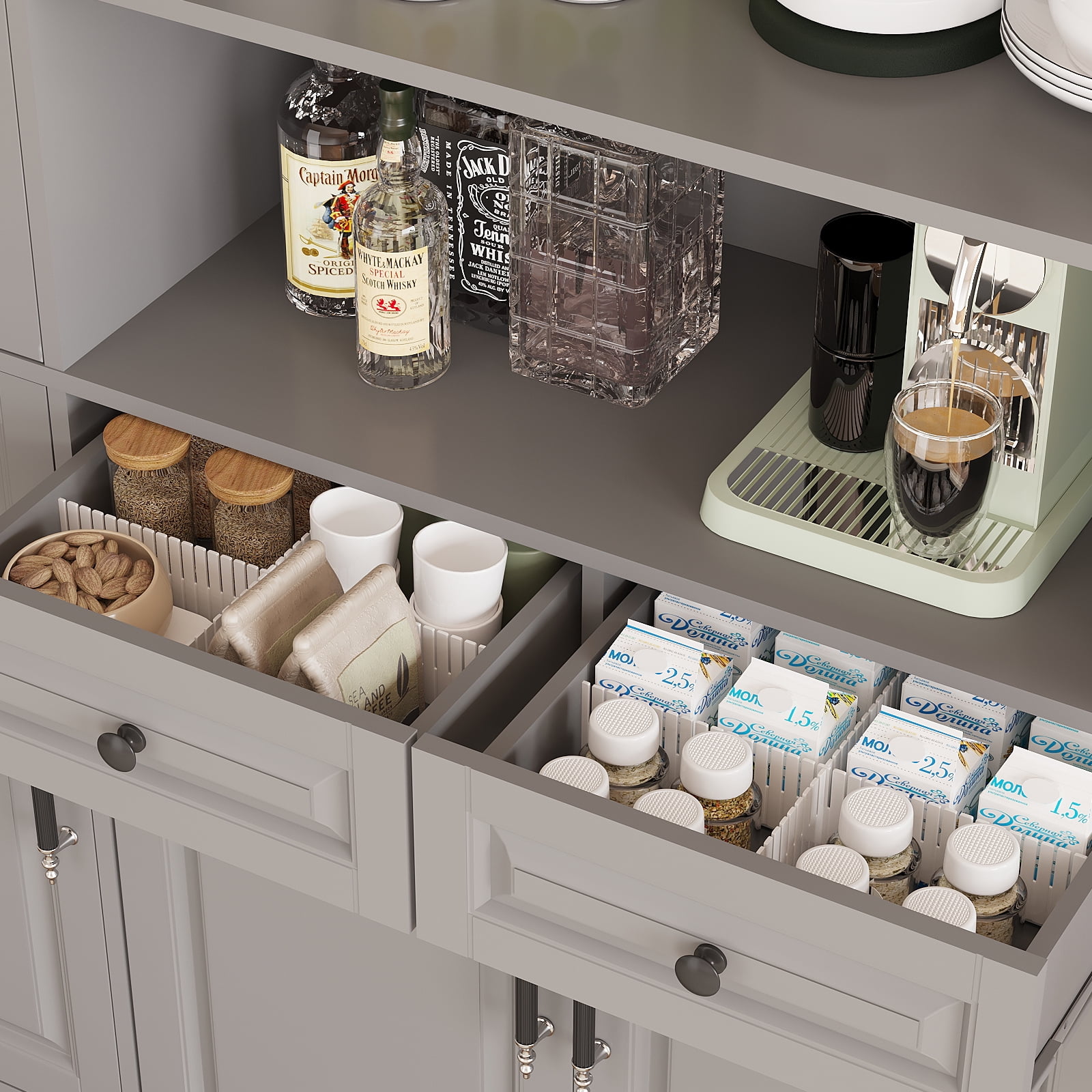MEISSALIVVE 78.7" Kitchen Pantry Cabinet with Glass Doors & LED Lights, Freestanding Storage Hutch with Shelves, Gray Pantry Cupboard, 62.99" W x 15.7" D