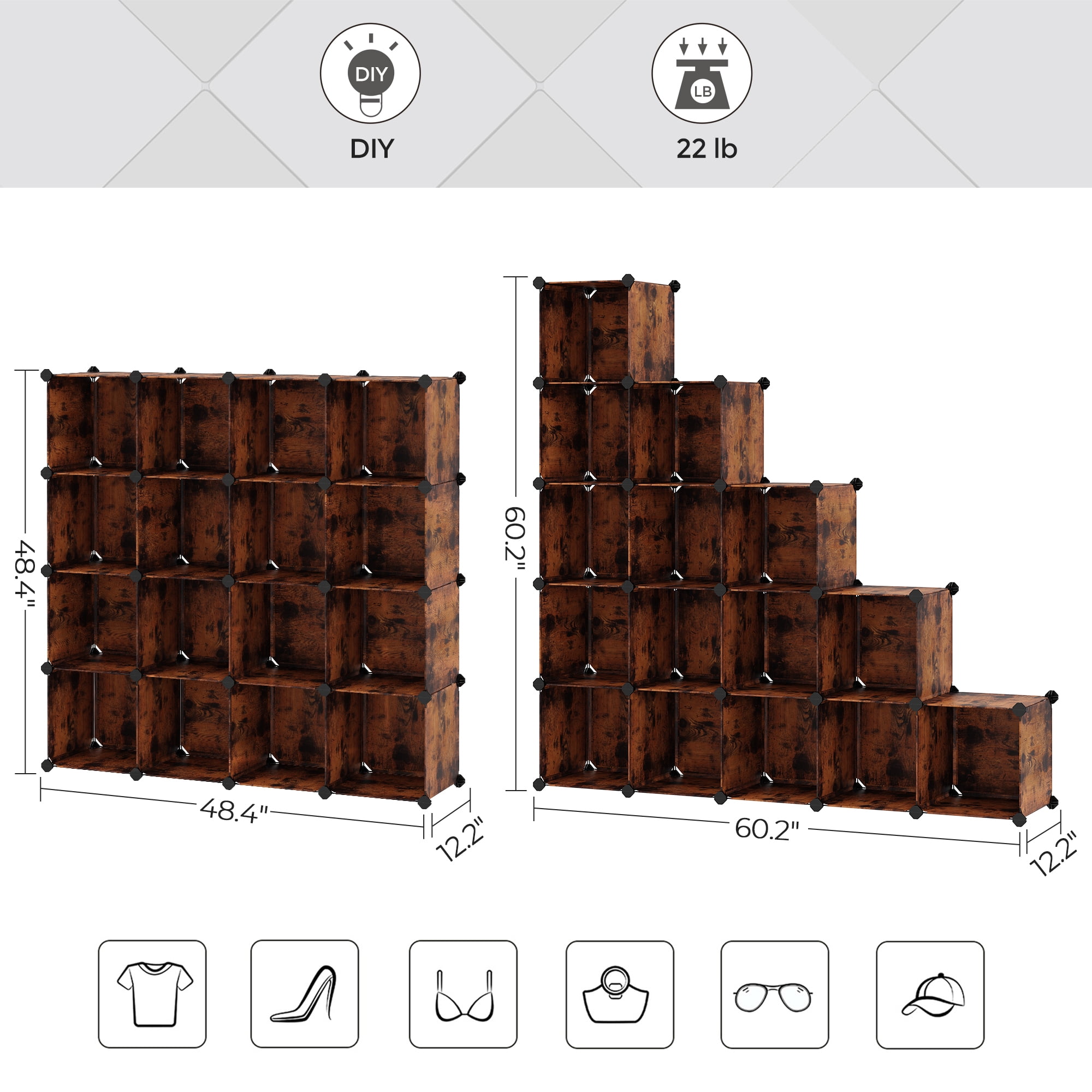 16 Cube Storage Organizer Modular Storage Cube Bookshelf DIY Plastic Closet Storage Shelves for Home Office Bedroom Rustic Brown