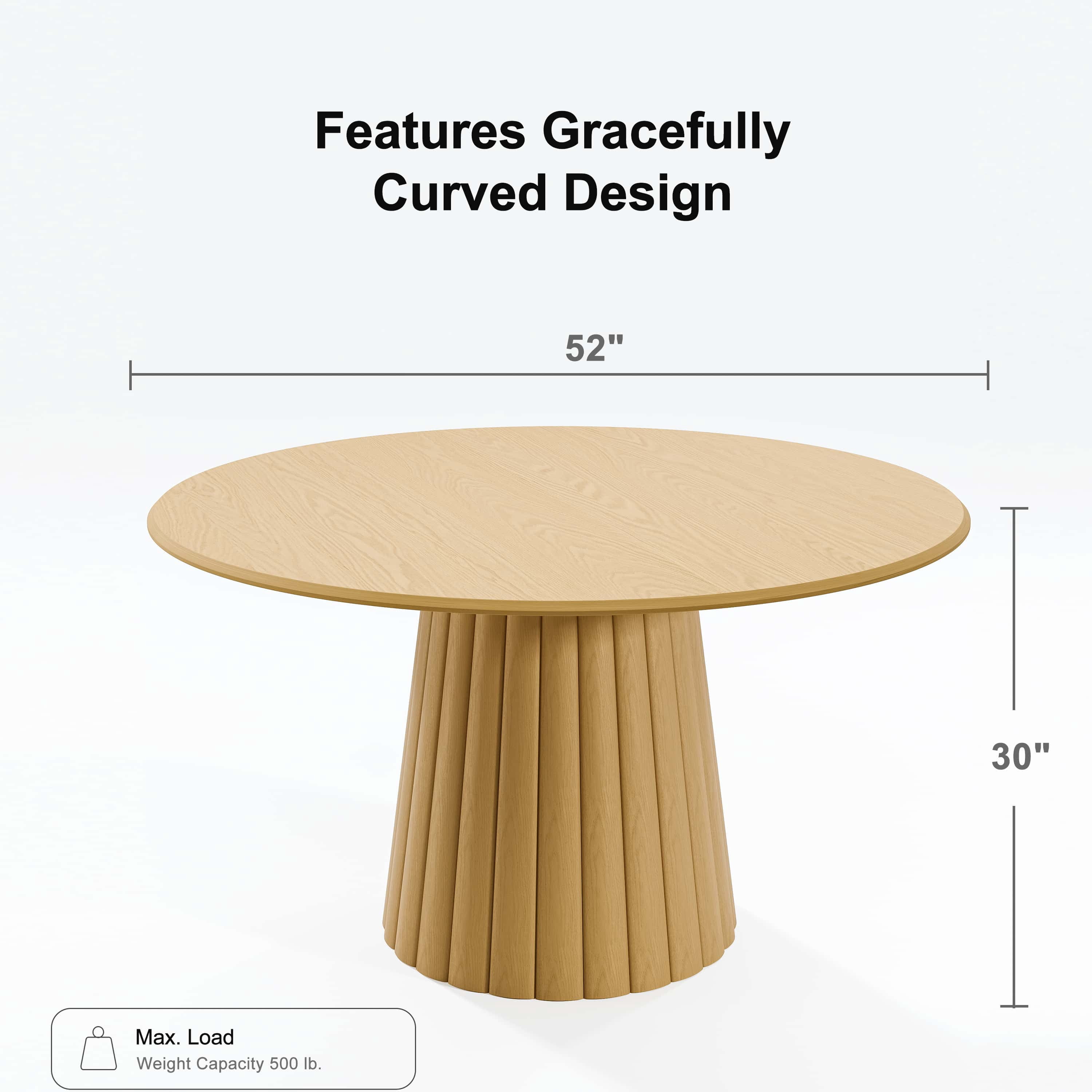 52 in. Soild Wood Natural Oak Dining Table Round Kitchen Table
