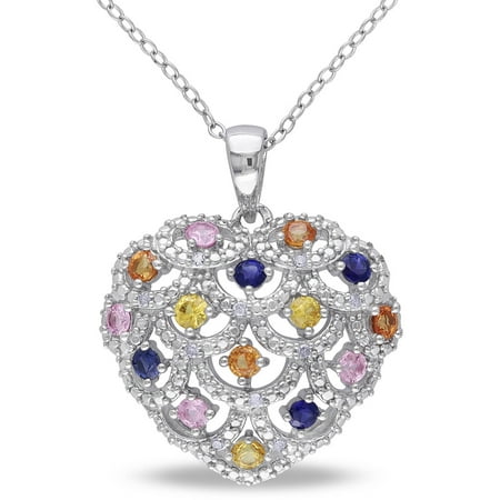 Tangelo 1-1/5 Carat T.G.W. Multi-Color Sapphire and Diamond-Accent Sterling Silver Heart Pendant, 18