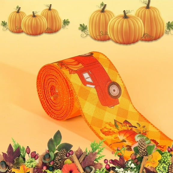 Thanksgiving Festival Theme Ribbon, Pumpkin Maple Leaf Truck Patterns, Polyester Fabric, 4.5M Length 6CM Width, Durable Fray-Resistant, Versatile Decorative Wreath Gift Wrapping DIY Craft Ribbon